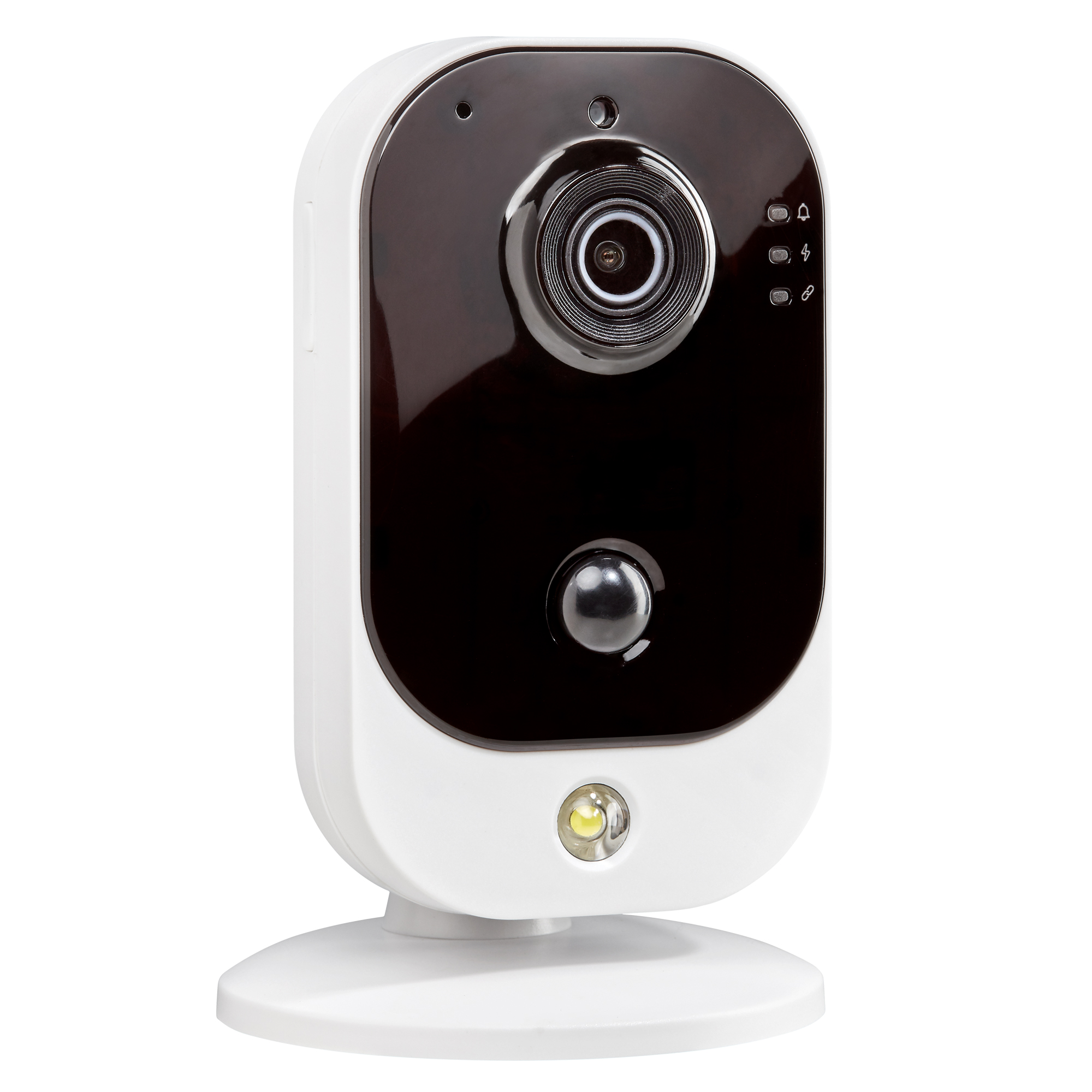 Kompakte Innenkamera mit großem Objektiv, Bewegungssensor und LED-Leuchte, auf rundem Standfuß montiert.