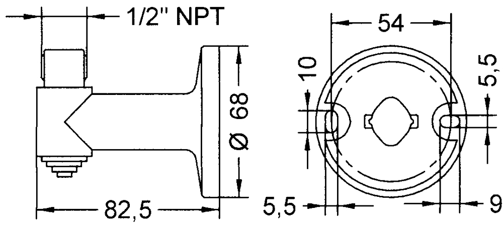 Weißes T-förmiges Montagewinkel mit geriffeltem Zylinder und zwei Gewindeanschlüssen auf rundem Fuß für kleine Leuchten.