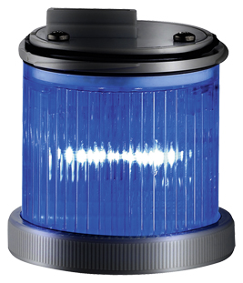 Zylindrische LED-Warn- und Blinkleuchte mit geriffelter blaufarbiger Abdeckung, schwarzem Sockel und Anschlussgehäuse