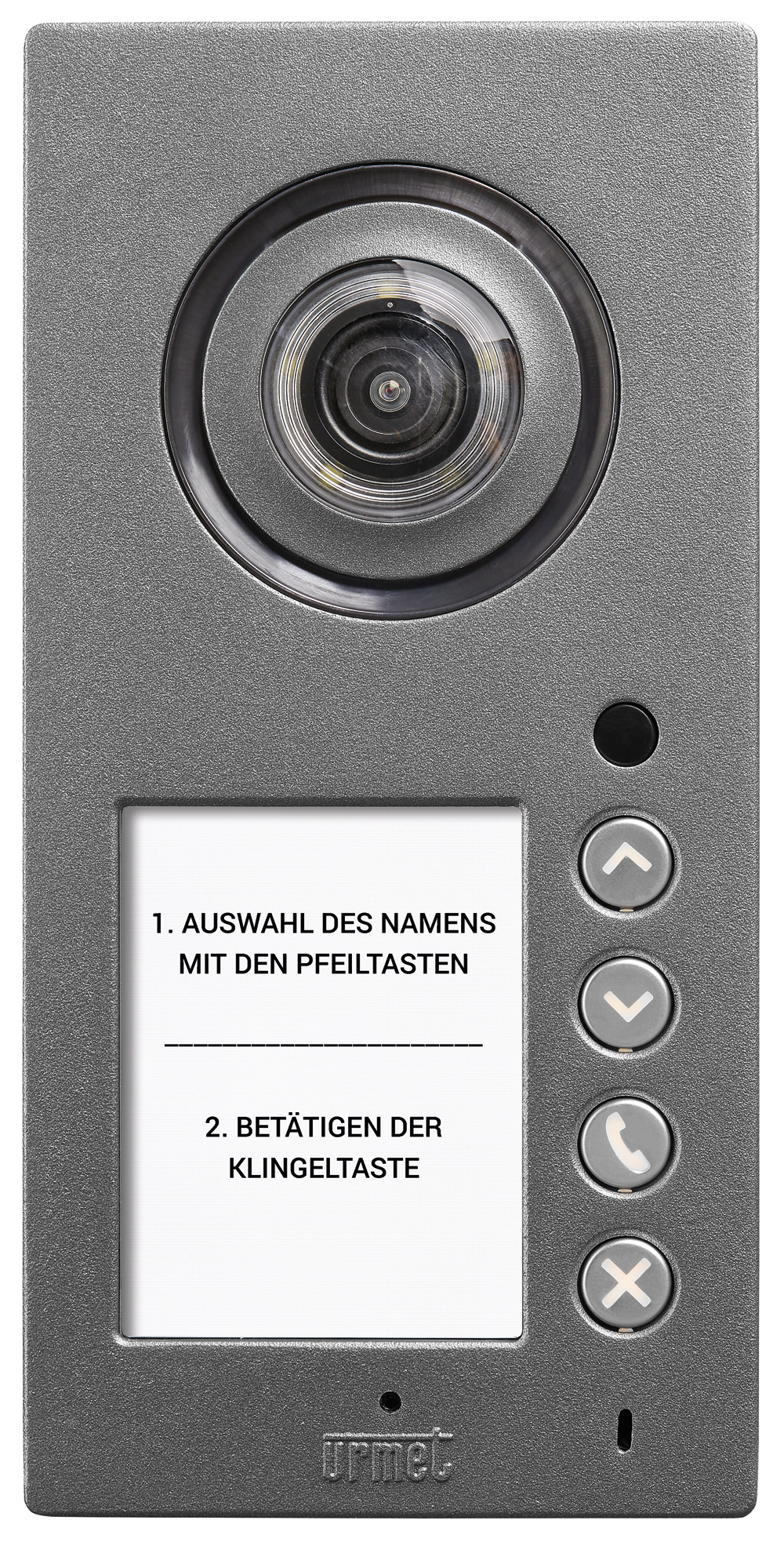 MIKRA Digital Türstation mit Kamera, vier Tastern zum Anrufen, Auflegen, Runter- und Raufschalten sowie zwei Feldern
