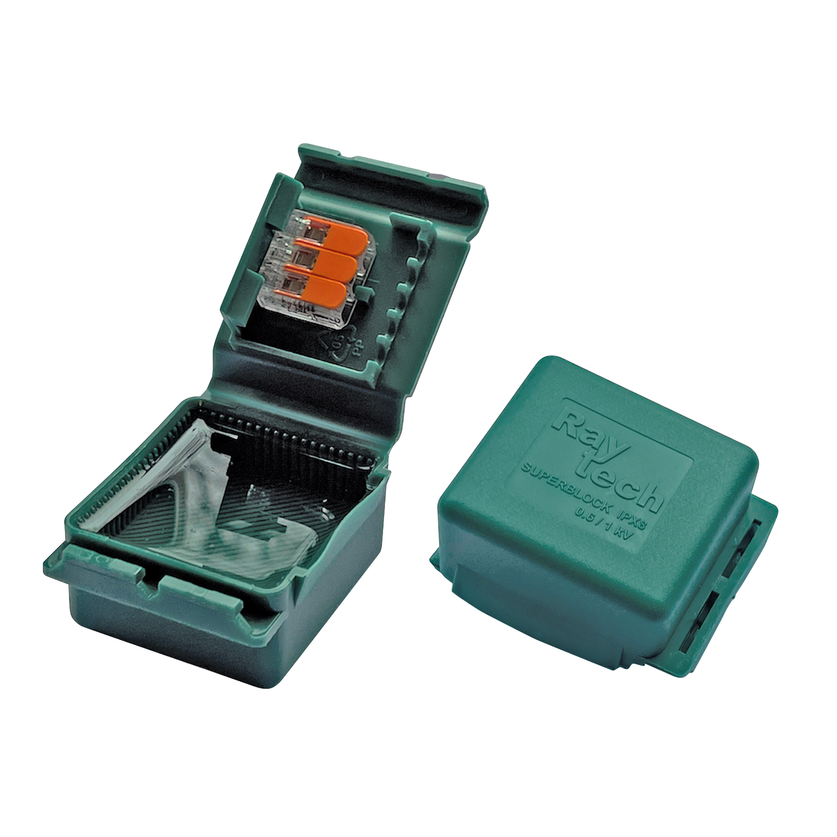 Grüne Mikro-Verbindungsdose, gefüllt mit Gel, einmal geöffnet, einmal geschlossen abgebildet