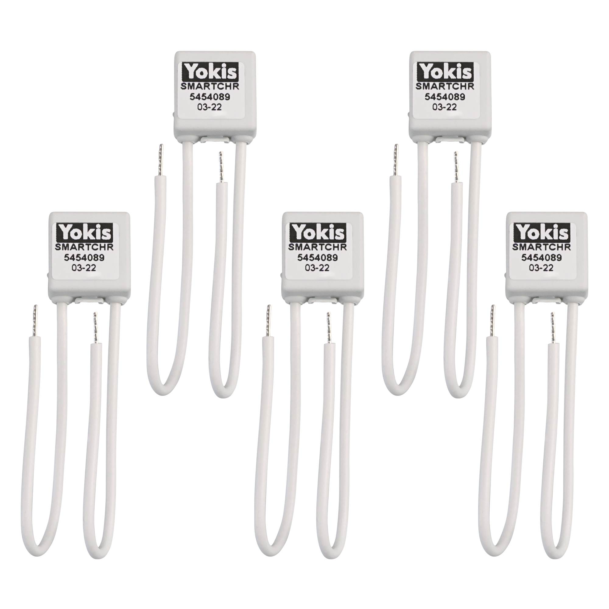 Fünf kompakte Lastwiderstände von Yokis mit weißem Gehäuse und zwei Kabeln, geeignet zur Lastsimulation bei LED-Leuchten.