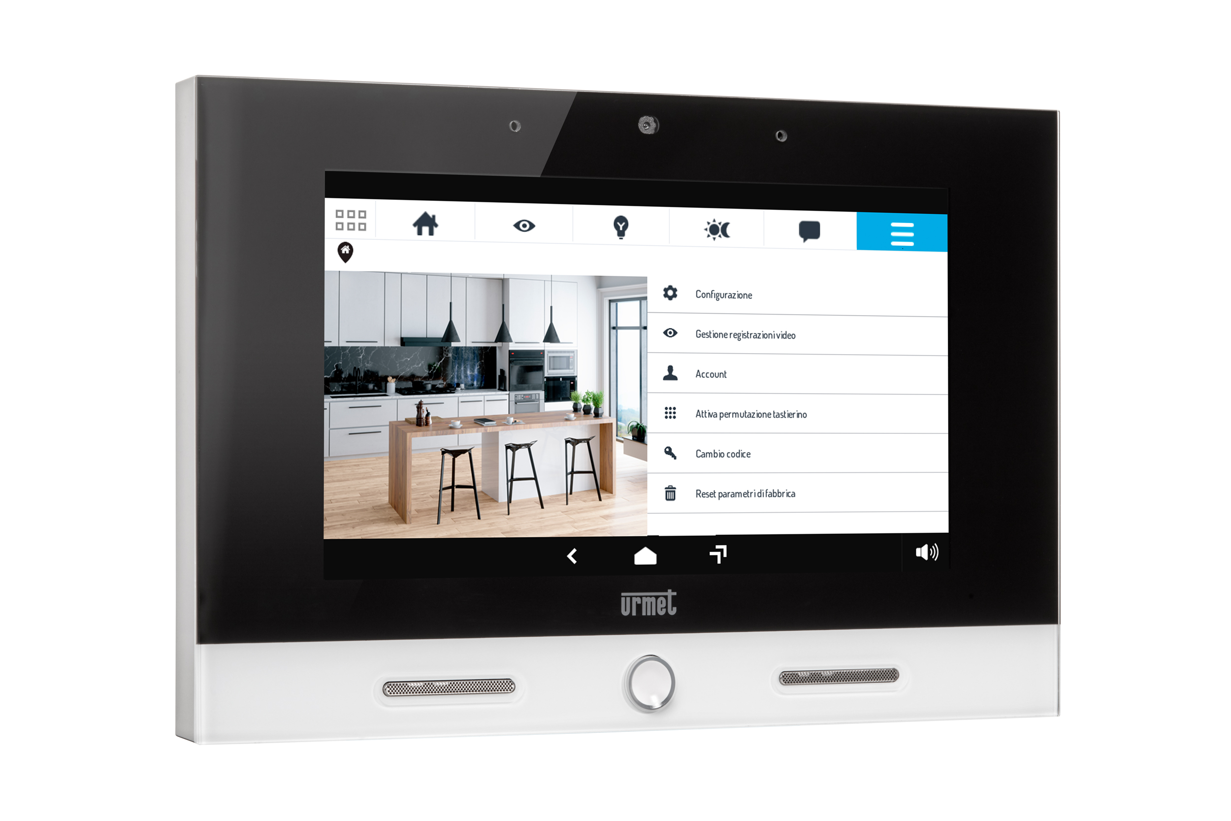 Touchscreen-Videomonitor von Urmet mit Benutzeroberfläche zur Steuerung von Smart-Home- und Videoüberwachungsfunktionen, ansicht links