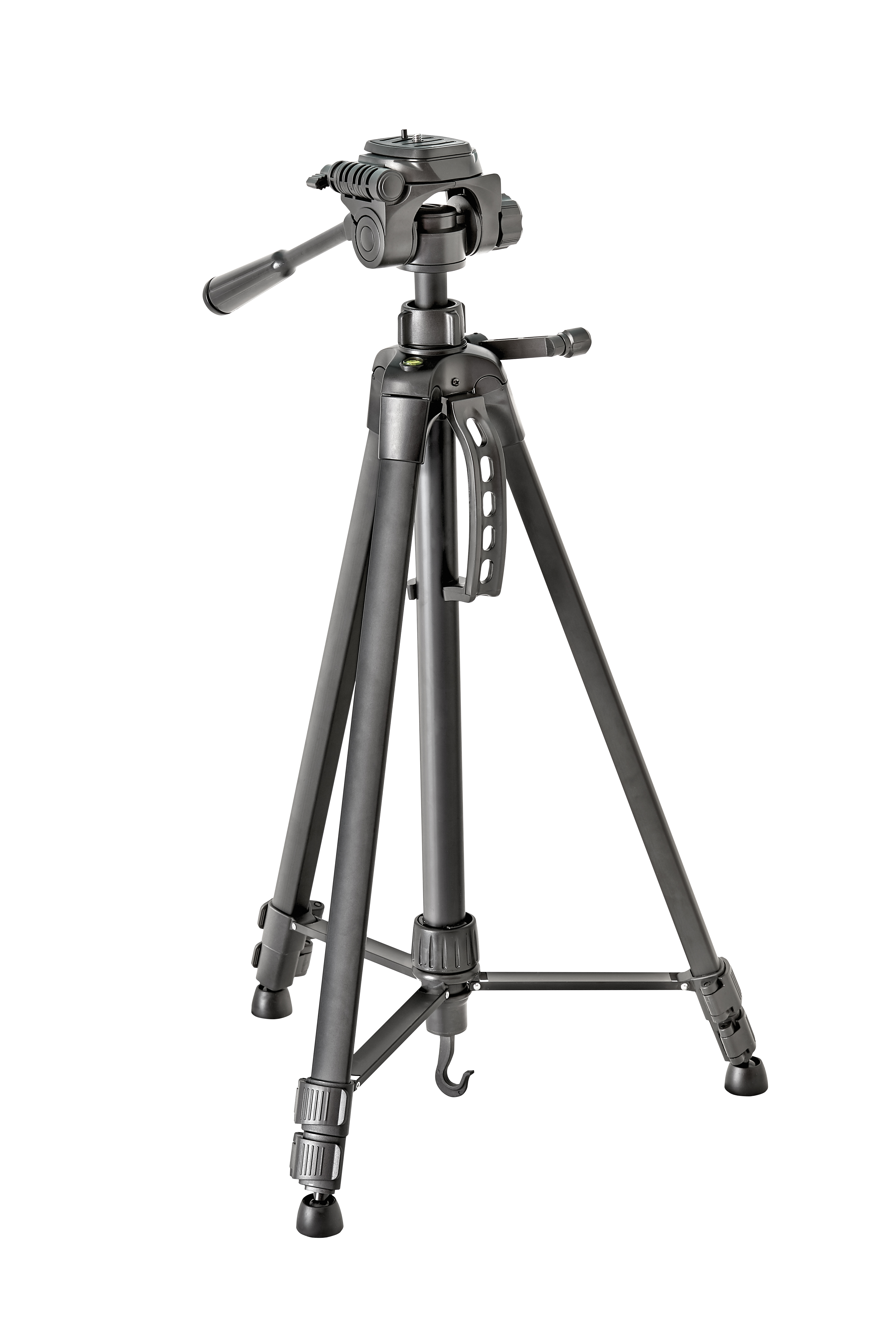 Schwarzes Kamerastativ mit verstellbaren Beinen, Griff und Haken, leicht schräg von vorn fotografiert