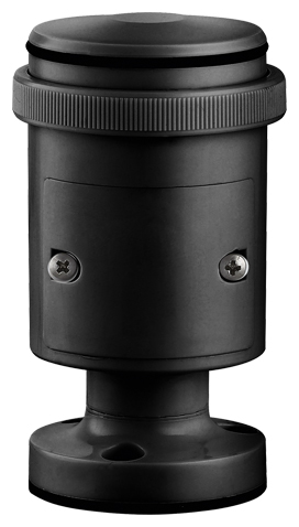 Schwarzes zylindrisches Basiselement mit geriffeltem Ring, Schrauben und runder Basisplatte mit Bohrungen