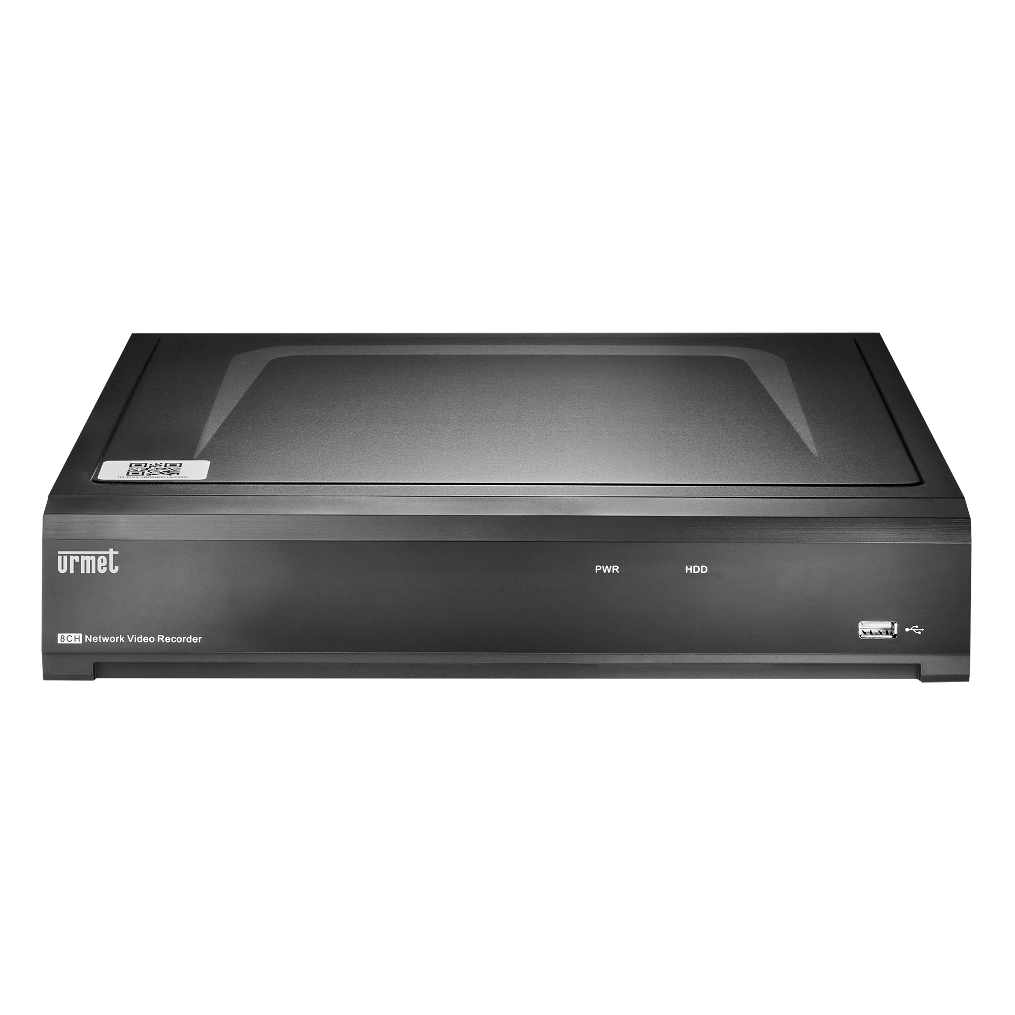 Schwarzer Netzwerkrekorder von Urmet mit USB-Anschluss rechts und LED-Anzeigen für Betrieb und Festplatte auf der Vorderseite.