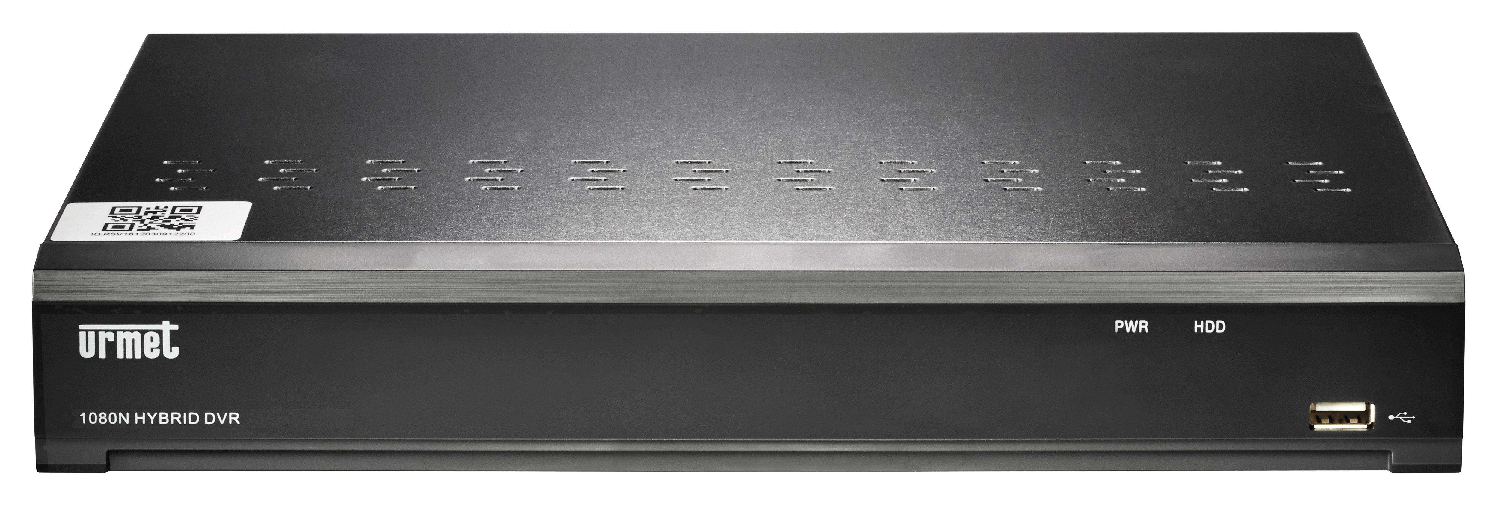 Schwarzer Hybrid-DVR von Urmet mit Belüftungsschlitzen, USB-Anschluss und Status-LEDs für Strom und Festplatte.