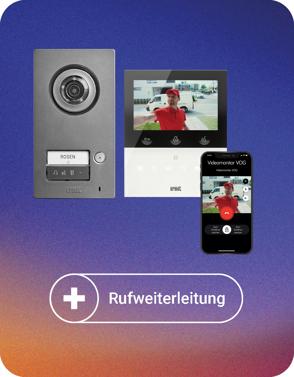 Video-Sprechanlagen-Set Comfort Plus Einfamilienhaus mit MIKRA Türstation, VOG 5W Videomonitor und einem Smartphone-Display, welches, genau wie der Videomonitor das Videobild  mit einem Essenslieferanten vor der Tür zeigt; darunter steht "+ Rufweiterleitu