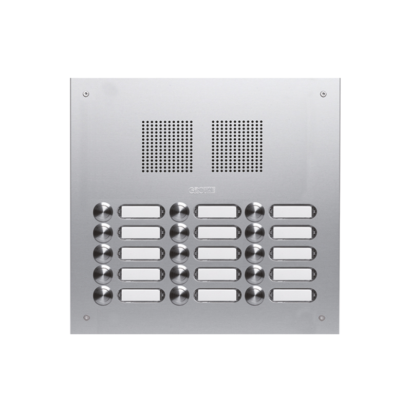 ROBUSTA Aluminium-Türstation mit Namensschildern und Klingelknöpfen in drei Reihen; darüber ist das Lautsprechergitter zu sehen