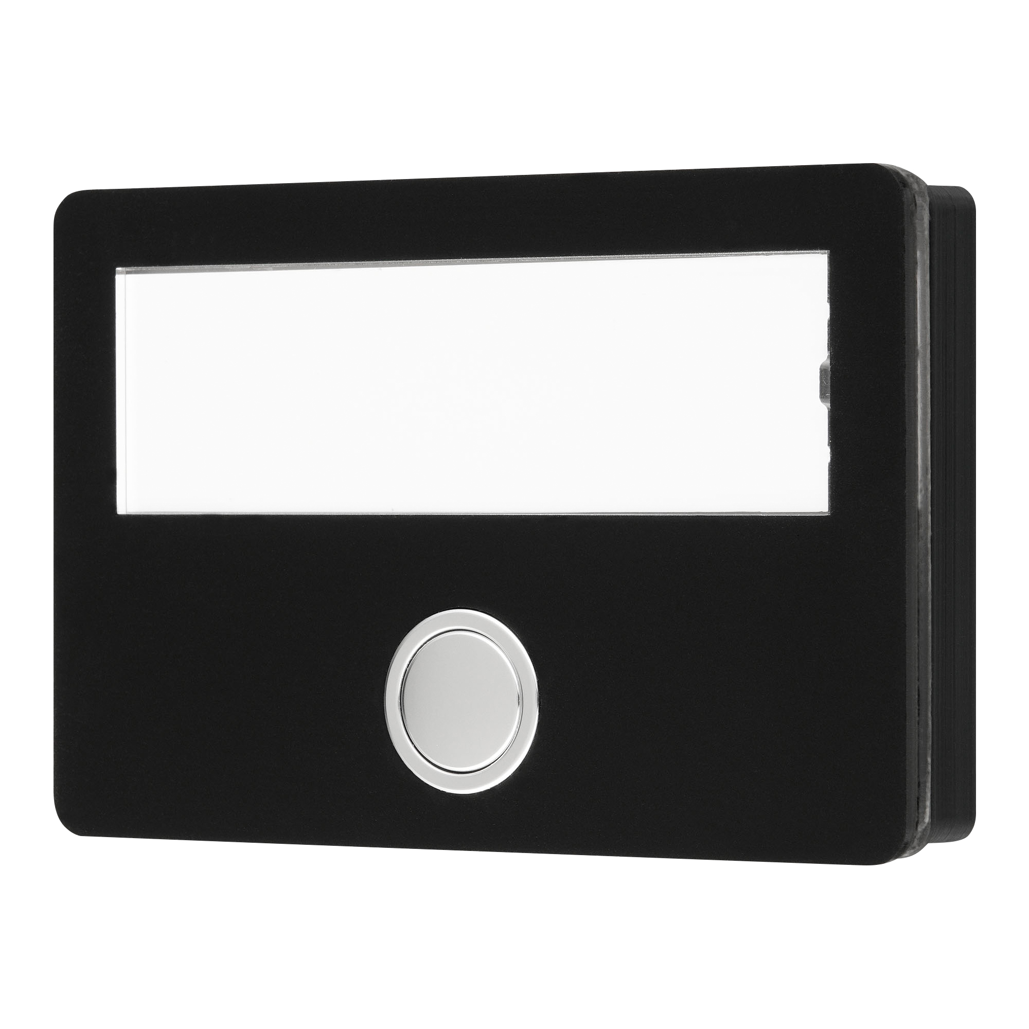 Etagenplatte aus Kunststoff in Schwarz mit großem Namensschild und rundem Klingeltaster unten.