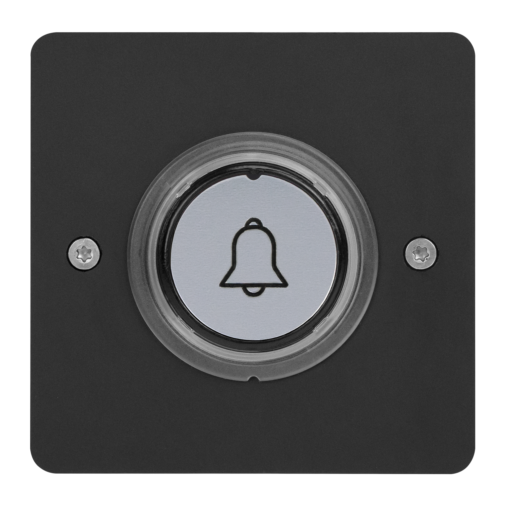 Schwarzer Funksender mit runder Taste und Glockensymbol, Montage wahlweise auf oder unter Putz möglich.