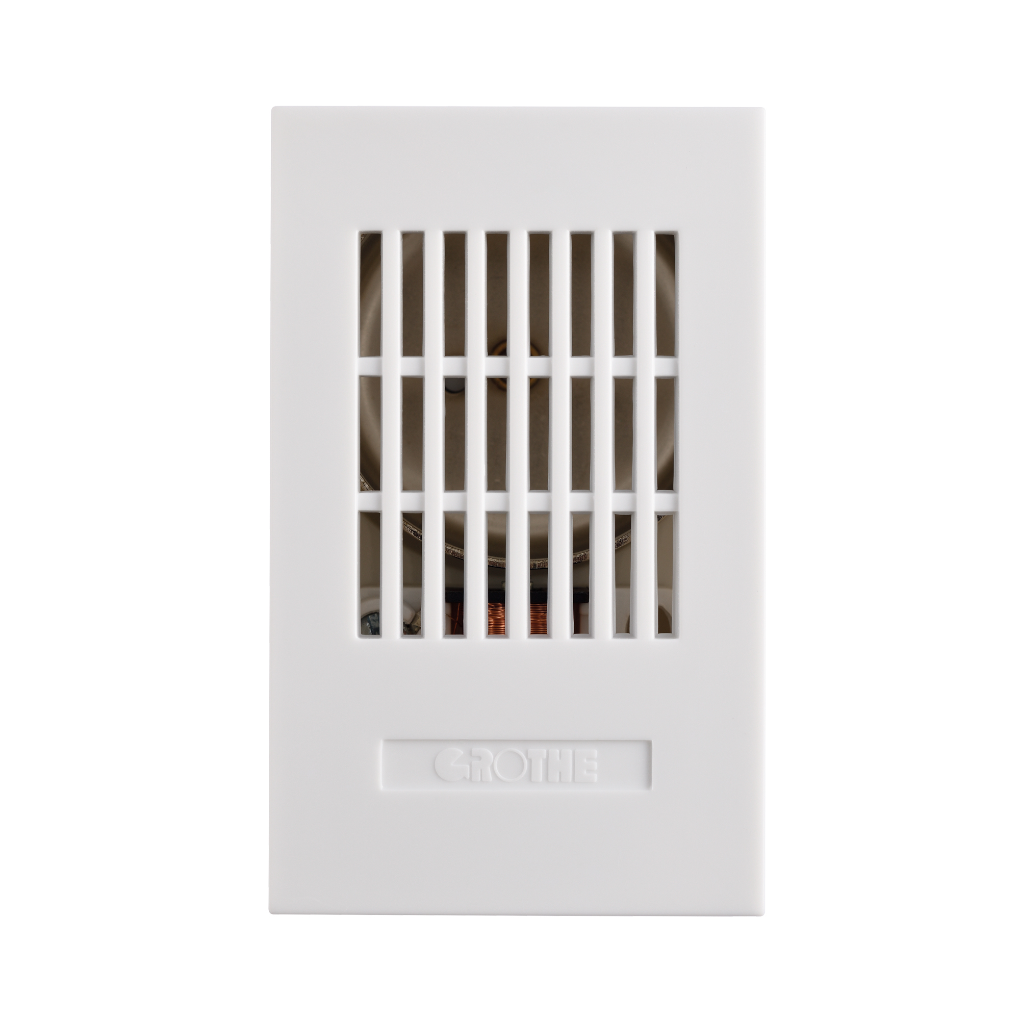 Weißes Läutewerk mit senkrechten Lüftungsschlitzen und geprägtem Grothe-Schriftzug unterhalb des Gitters