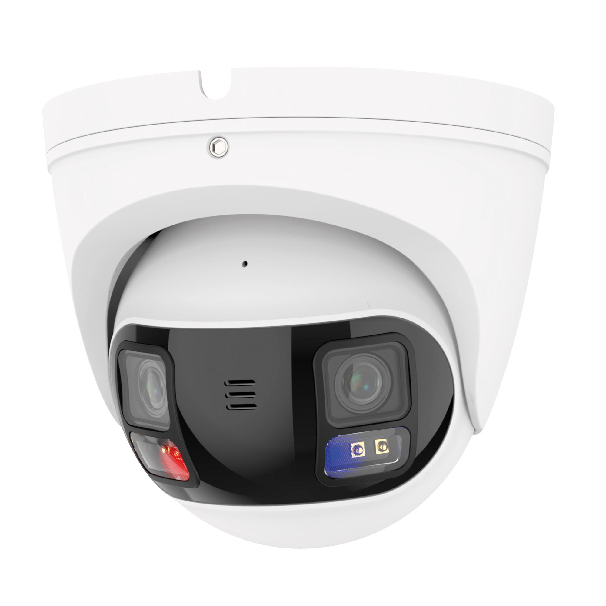 Dome-Kamera mit zwei Objektiven, glänzender schwarzer Front und LED-Leuchten in Rot und Blau, frontal fotografiert