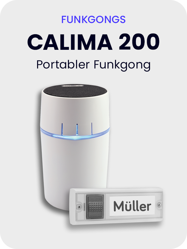 Graue Fläche mit Schrift und Abbildung CALIMA Funkgong Set