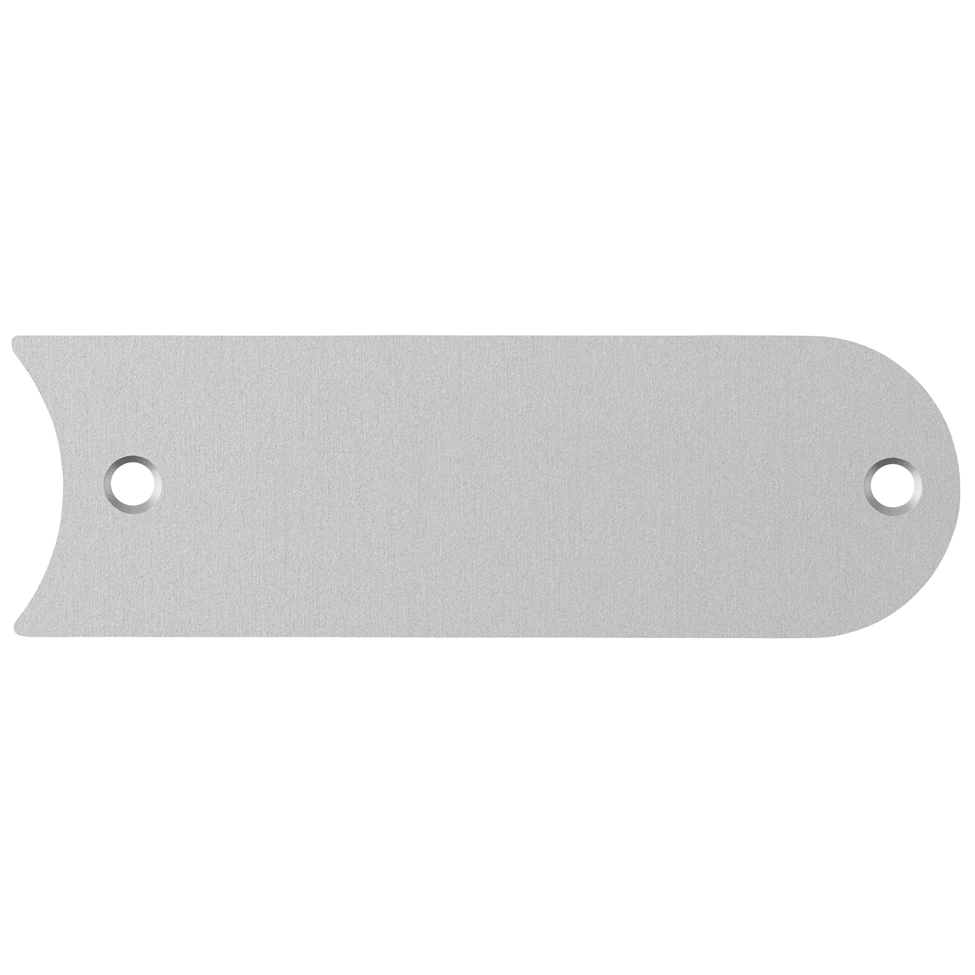 Silberfarbenes Gravierschild mit zwei kleinen Schraublöchern, rechts konvex abgerundet, links konkav abgerundet