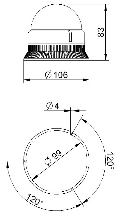 LED-Multiblitzleuchte mit glatter orangefarbener Kuppel auf geriffeltem schwarzem Sockel