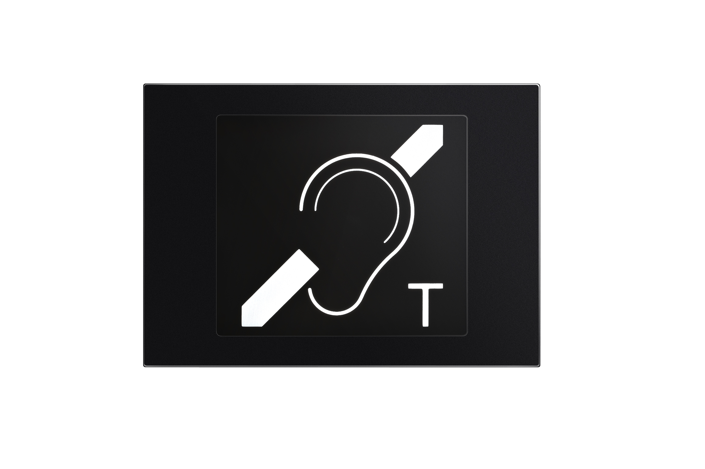 Schwarzes Modul mit weißem Symbol: durchgestrichenes Ohr mit T-Buchstaben, Hinweis auf Hörgeräte-Induktionsschleife.