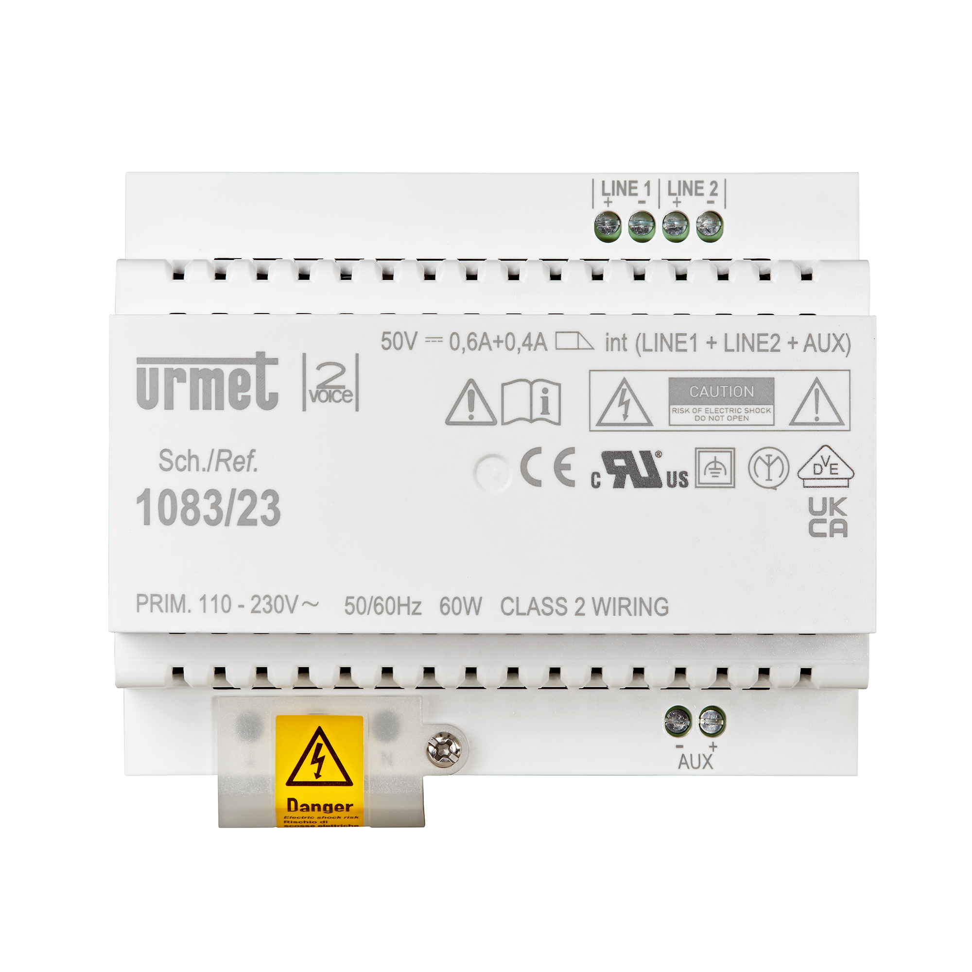 Weißes Urmet Netzgerät 1083/23 für DIN-Schiene, mit Anschlussklemmen LINE 1, LINE 2 und AUX, Leistung 60W.
