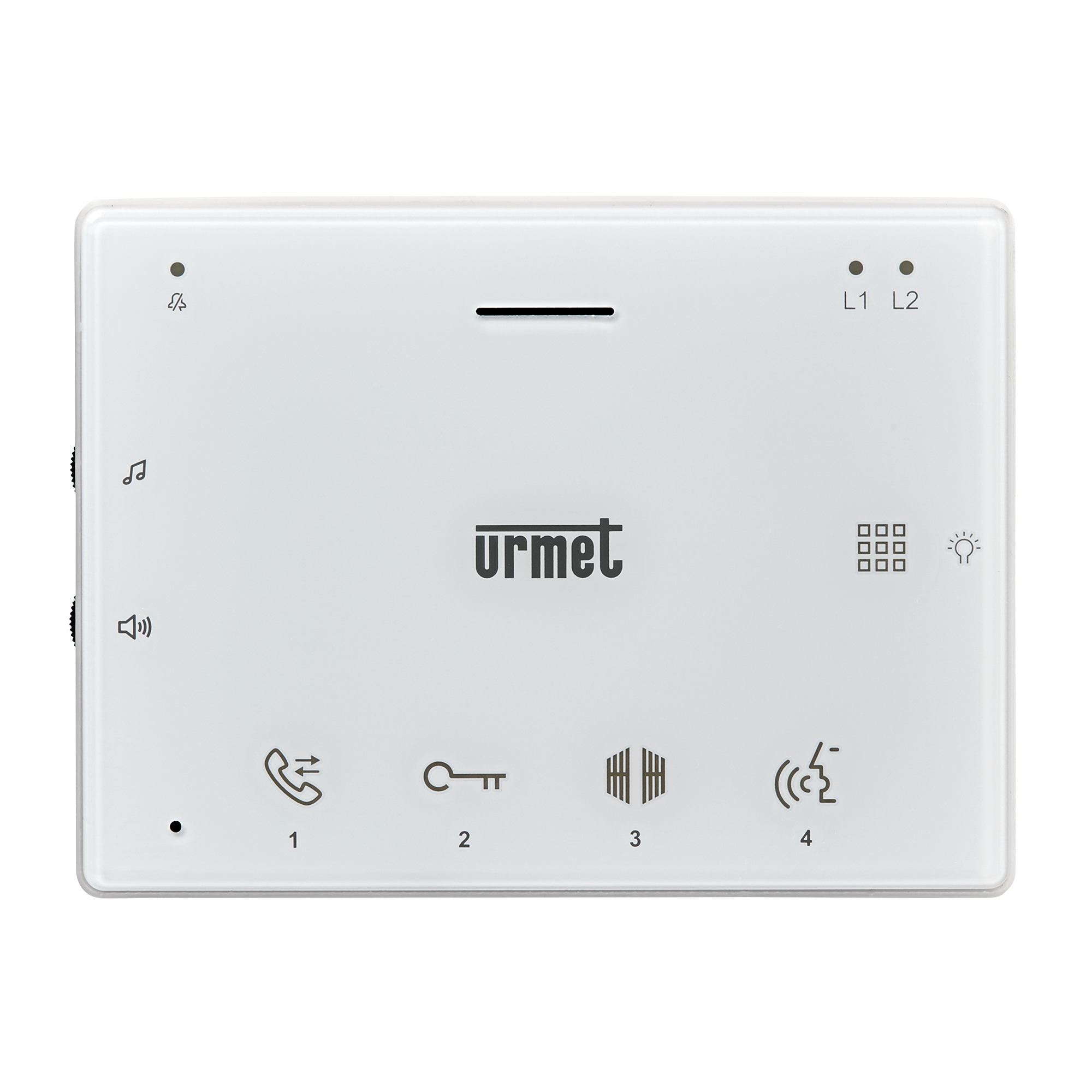 Weißes Freisprechtelefon mit LED-Anzeigen, Soft-Touch Tasten für Tür- / Toröffner, Gegensprechen , frontal fotografiert.