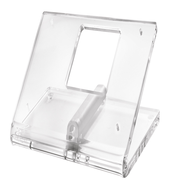 Transparenter Plexiglas-Tischständer mit schräger Auflagefläche, rechteckiger Aussparung und stabiler Halterung.