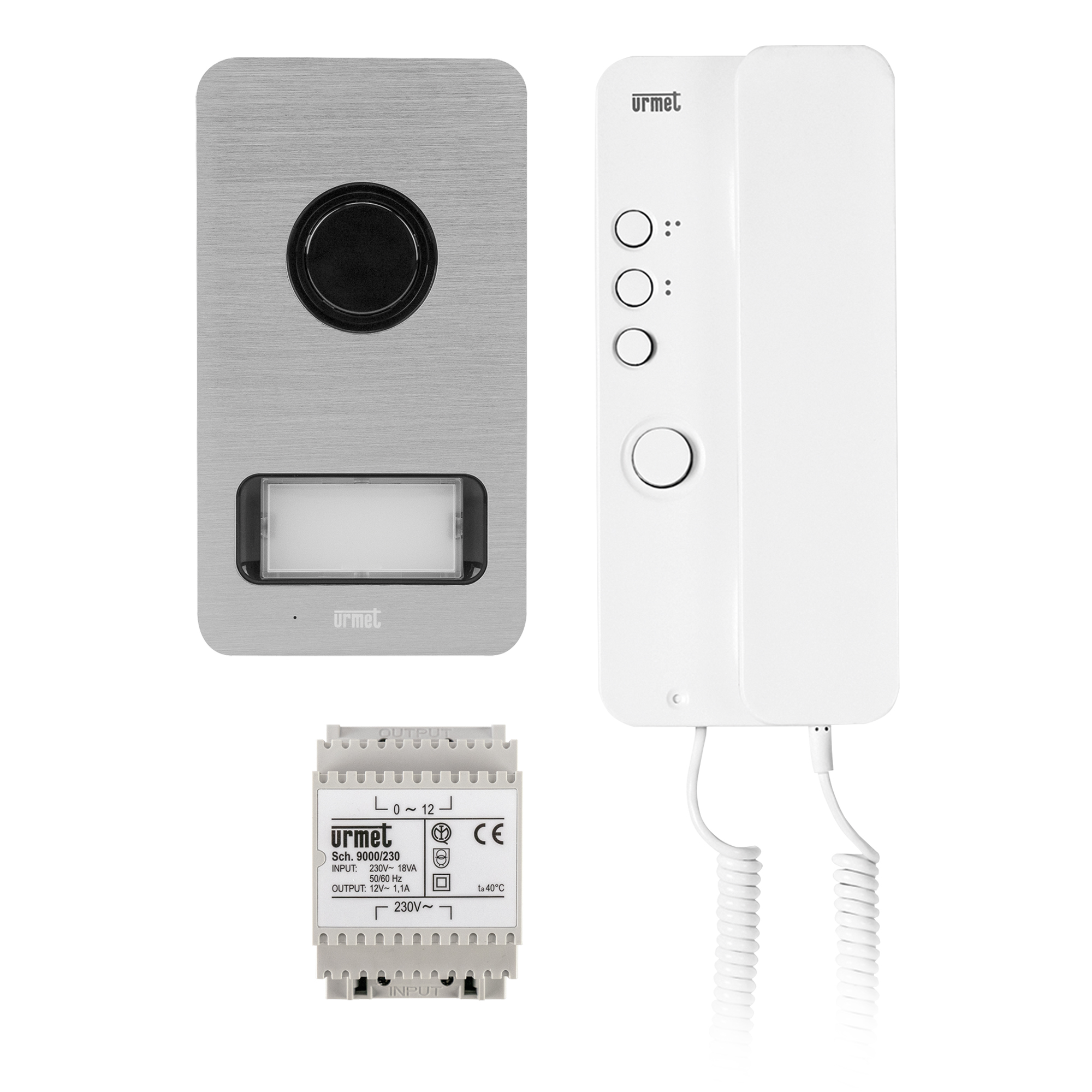 Audio-Sprechanlagen-Set mit Haustelefon, Türstation und Netzgerät, frontal gezeigt