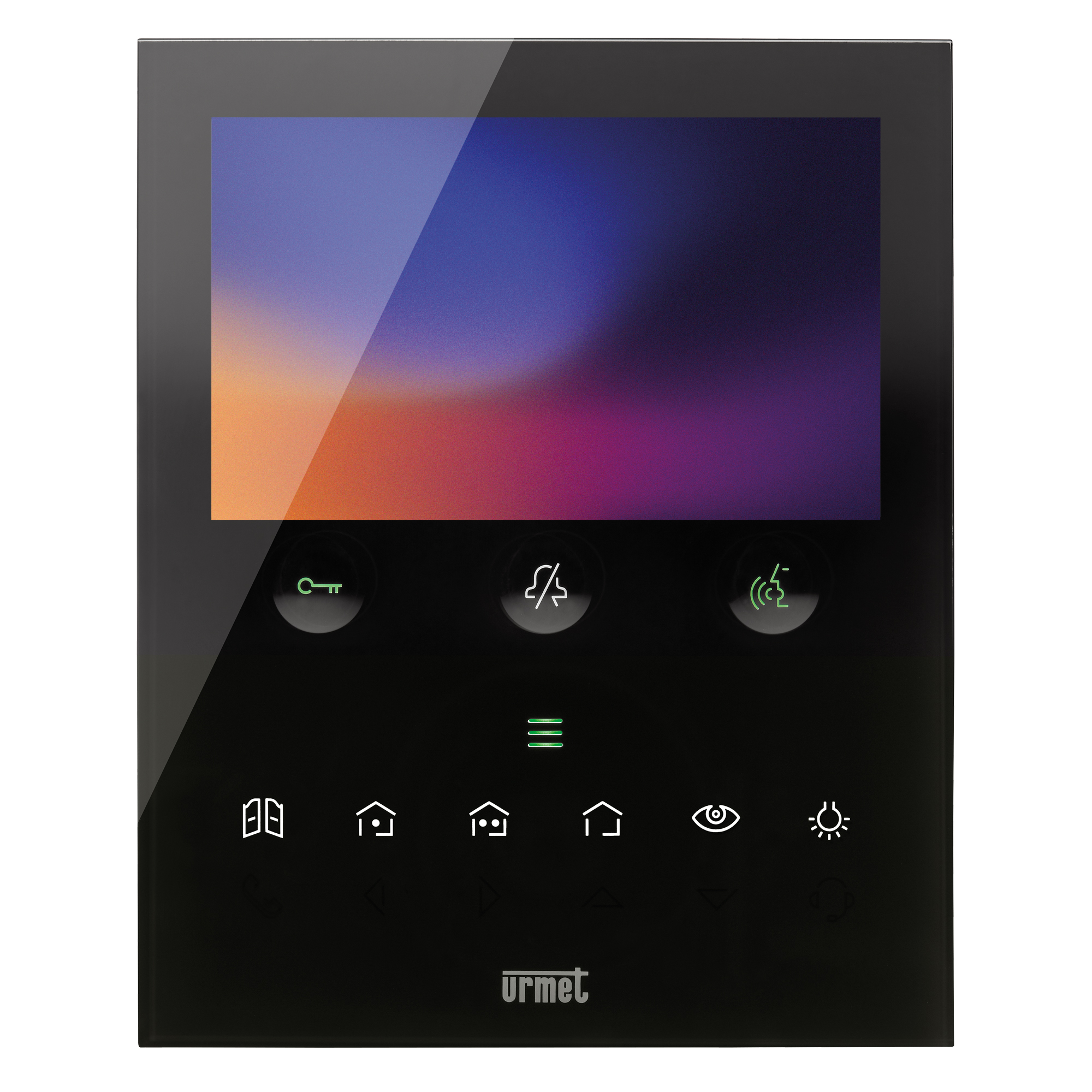 Schwarzer Video-Monitor VOG 5W mit großem Farbdisplay, Soft-Touch-Tasten mit grüner Beleuchtung und Glasfront.