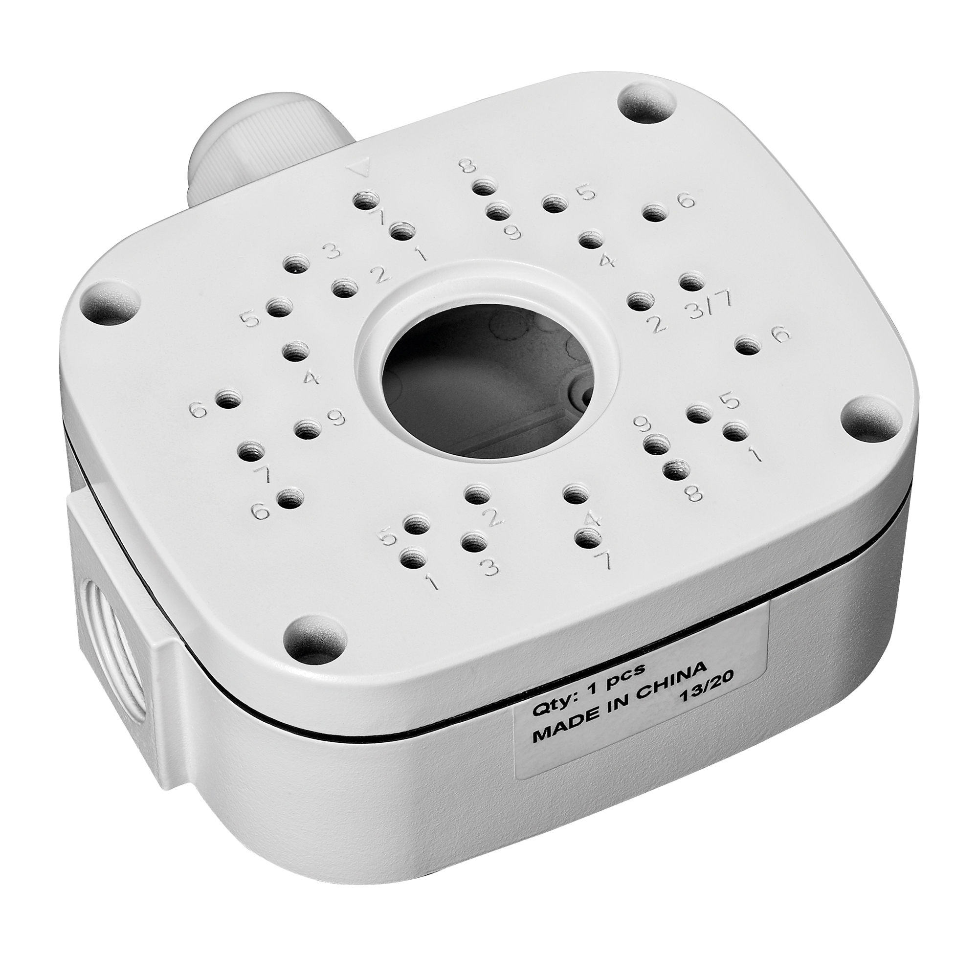 Eckige Verteilerdose mit vielen nummerierten Bohrungen und zentralem Ausschnitt, seitlichem Kabeldurchlass