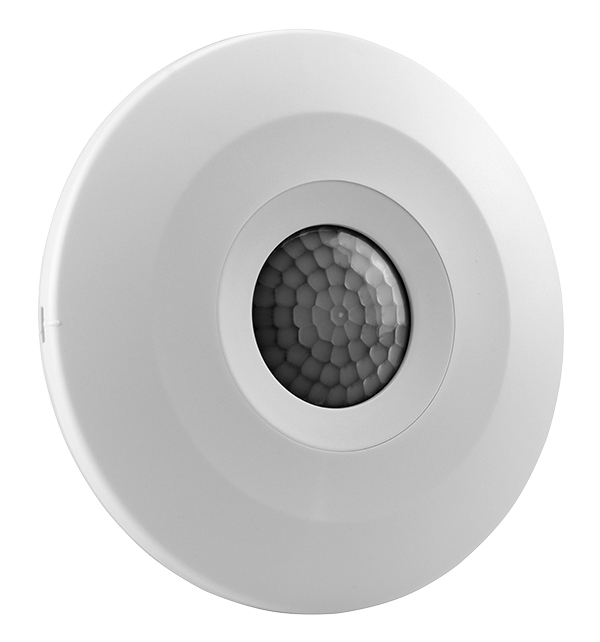 Weißer, runder Bewegungsmelder für Deckenmontage mit sehr flachem Aufbau