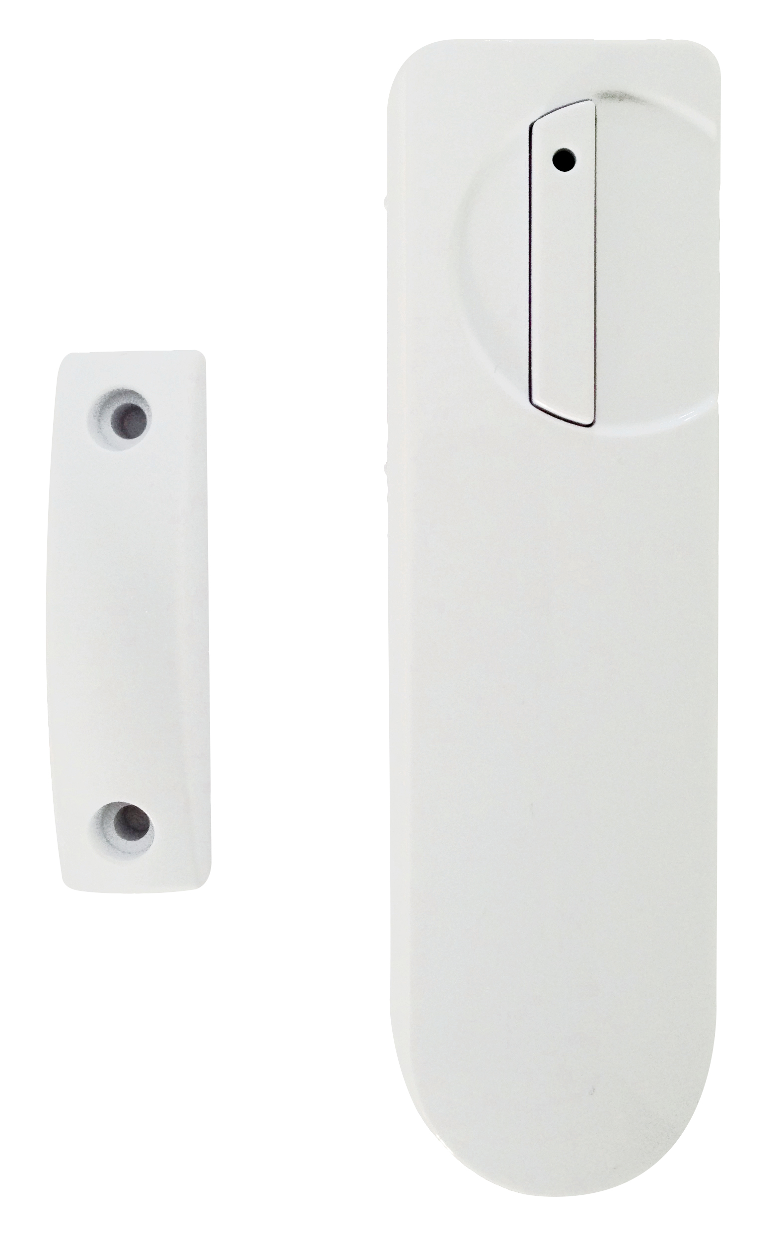 Weißer Funk-Magnetkontakt mit schmalem Sendergehäuse und passivem Magnetteil