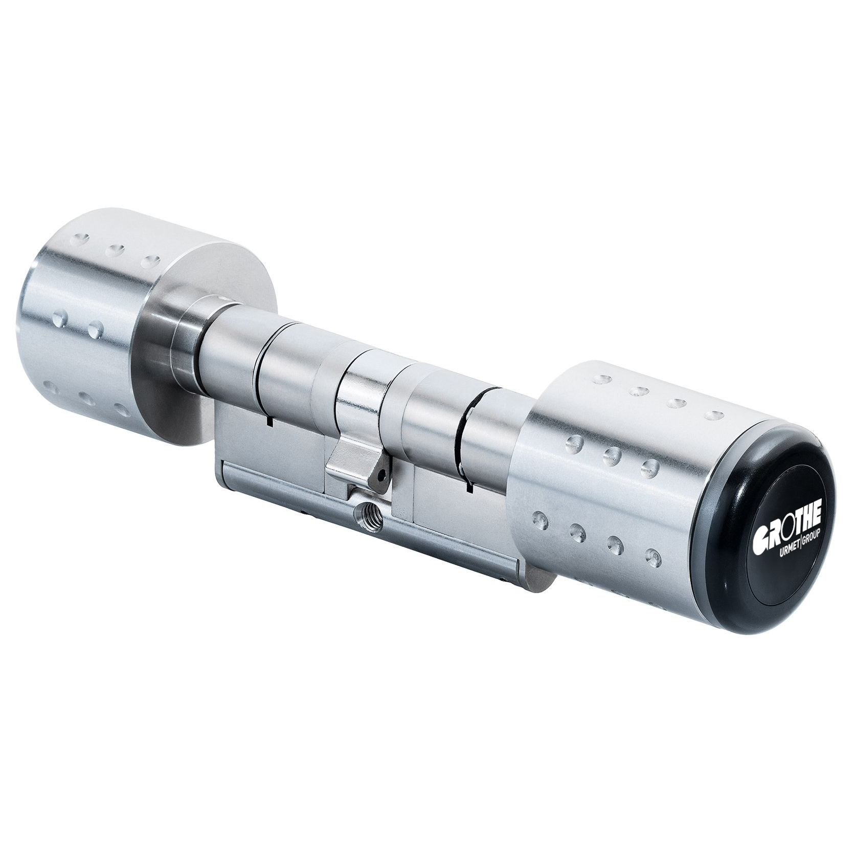 Elektronischer Zylinder in Edelstahl, seitlich fotografiert; vorne ist eine schwarze Frontkappe mit dem Grothe-Logo erkennbar