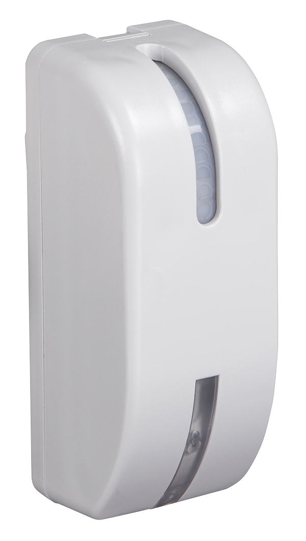 Wandbewegungsmelder mit seitlich gewölbter Linse und transparenter Abdeckung im unteren und oberen Bereich