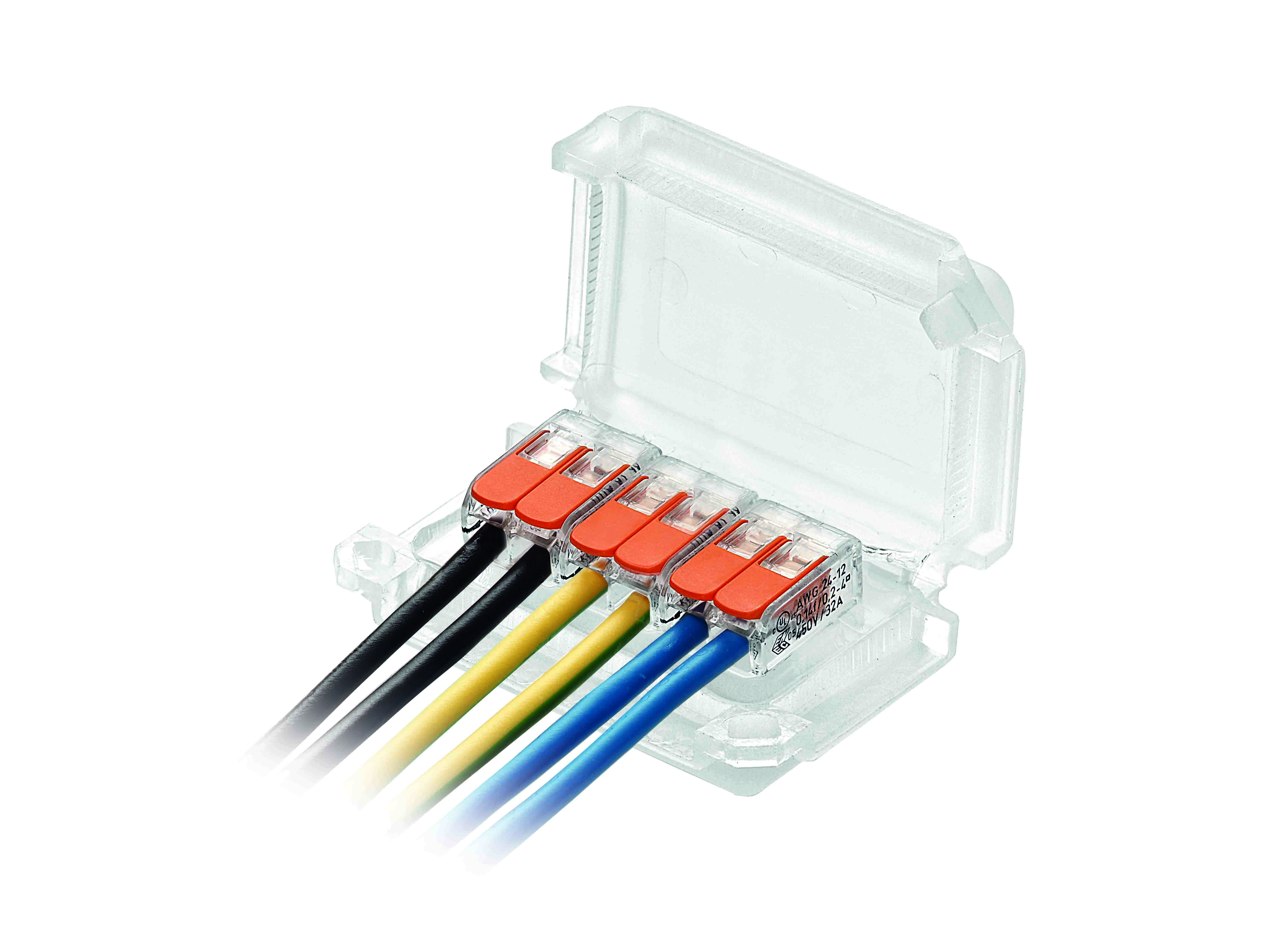 Transparente Mikro-Verbindungsmuffe, mit Gel gefüllt und halb geöffnet, in der ein Block mit 6 Verbindungsklemmen und Kabeln liegt.