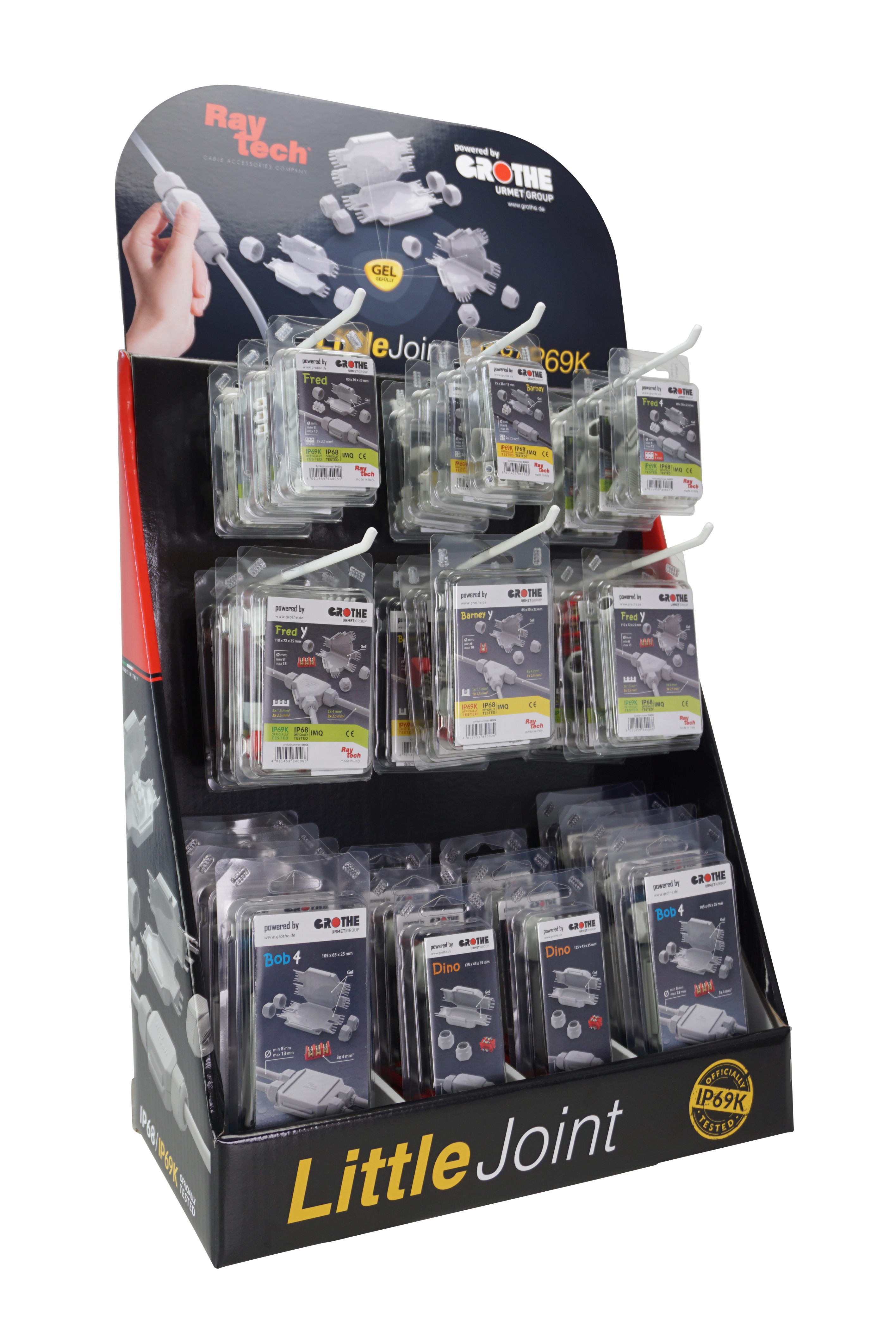 Thekenaufsteller bestückt mit 3 Reihen verpackter Verbindungsmuffen. Auf dem Aufsteller steht "Little Joint"