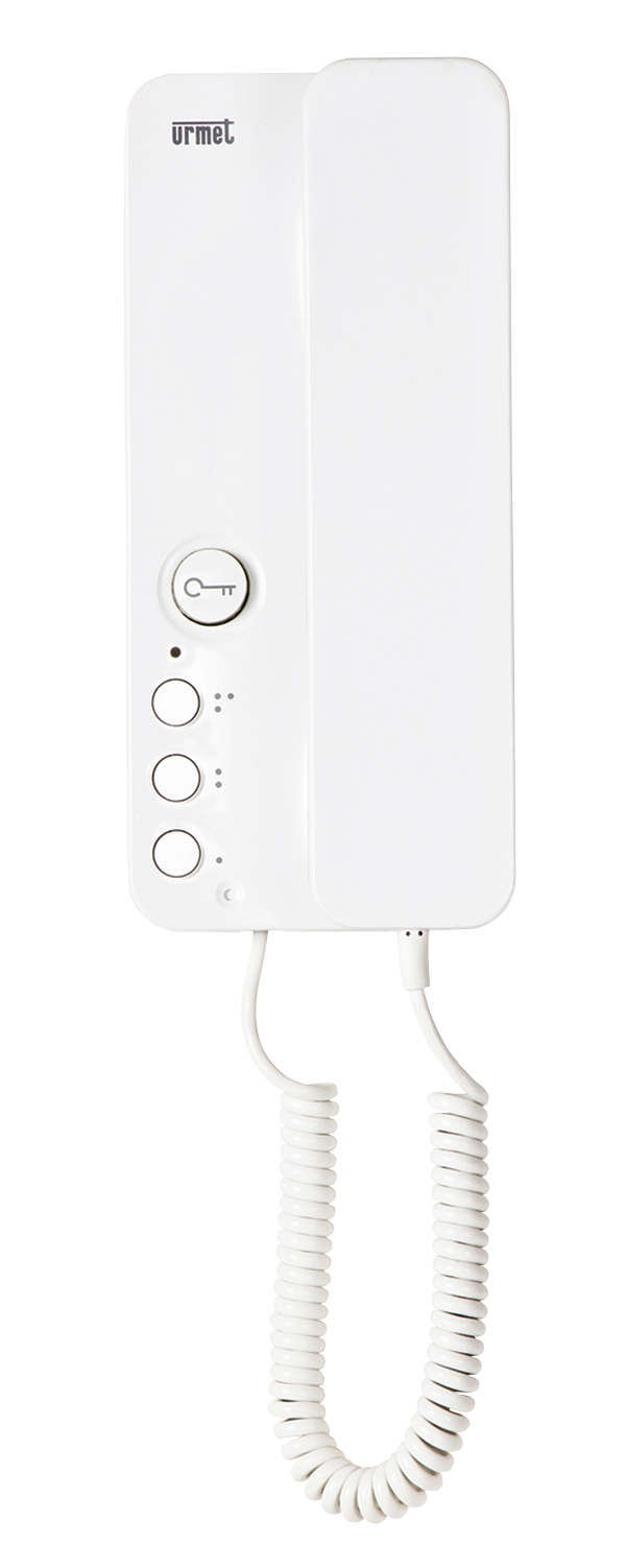 Weißes Urmet Haustelefon mit Hörer, Spiralkabel und vier runden Tasten inklusive Türöffnertaste.