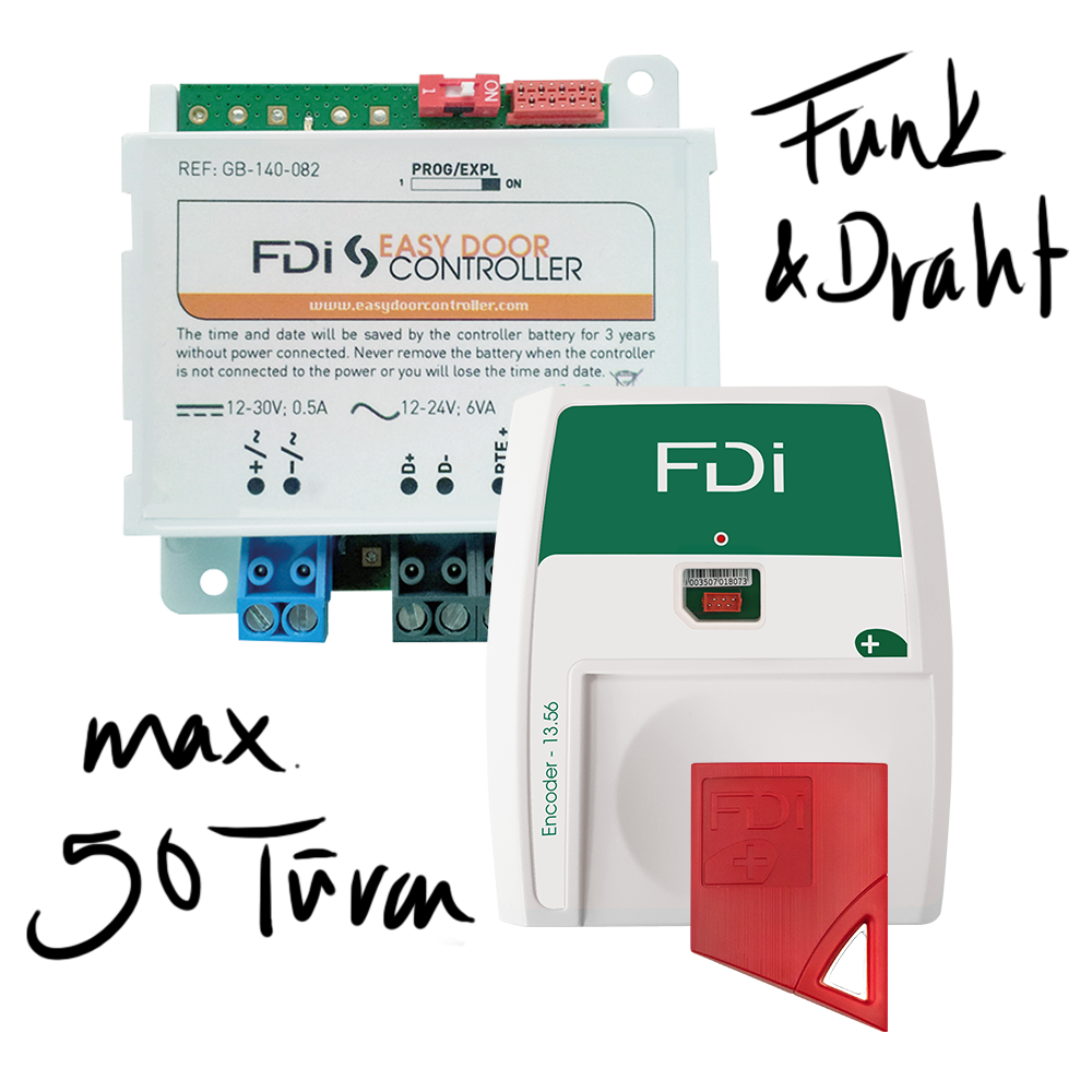 Easy Door Controller und passendes Lesegerät mit Nääherungsschlüssel; daneben steht "Funk & Draht" und "max. 50 Türen"