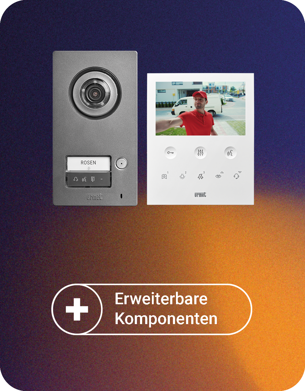 Video-Sprechanlagen-Set Comfort Einfamilienhaus mit MIKRA Türstation, VOG 5 Videomonitor und einem Smartphone-Display, welches, genau wie der Videomonitor das Videobild  mit einem Essenslieferanten vor der Tür zeigt; darunter steht "+ Erweiterbare Kompone