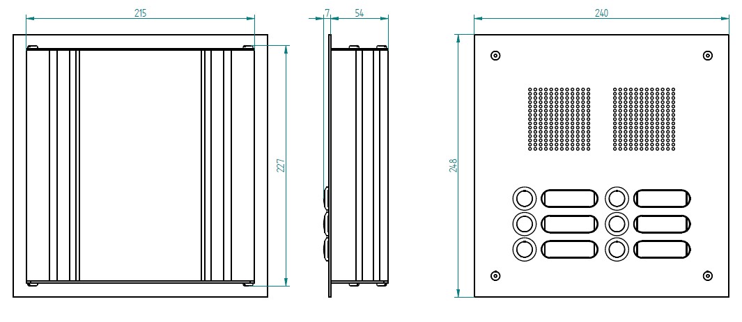 ROBUSTA Aluminium-Türstation mit Namensschildern und Klingelknöpfen in zwei Reihen; darüber ist das Lautsprechergitter zu sehen