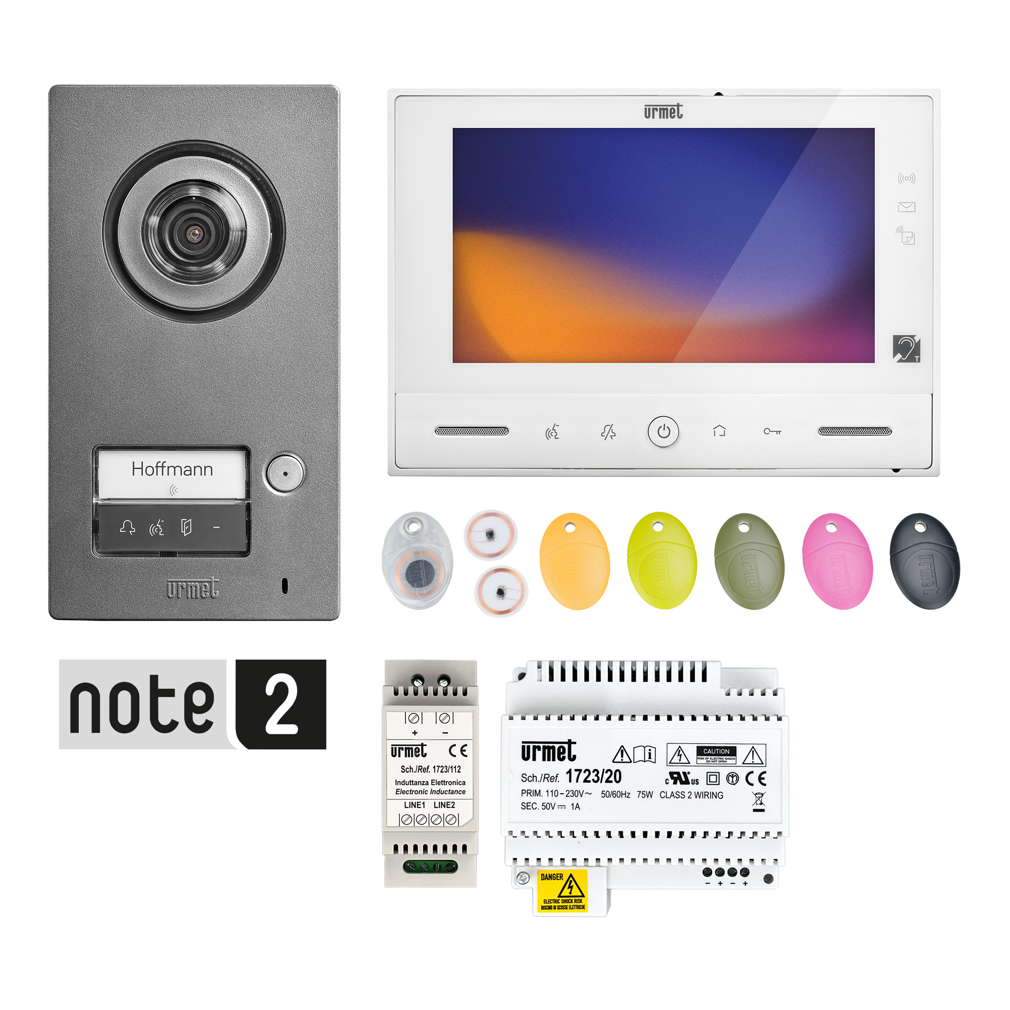 Video-Sprechanlagen-Set mit Türstation, 7"-Monitor, Steuer- und Netzteil, Schlüsselanhängern in 6 Farben und Note 2 Logo.