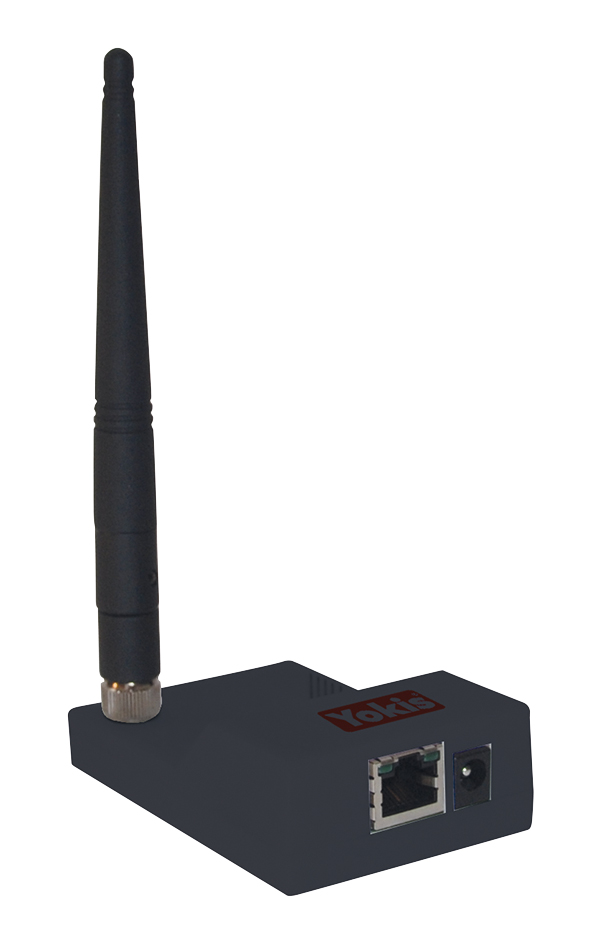 Kompakter Webserver mit Antenne, Ethernet-Port und Stromanschluss, schwarzes Gehäuse mit Yokis-Logo.