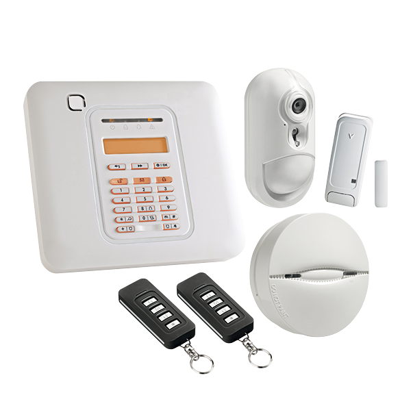 Funk-Alarmanlagen-Set bestehend aus weißem Bedienteil mit Display, zwei Bewegungsmeldern, Fensterkontakten und Fernbedienungen.