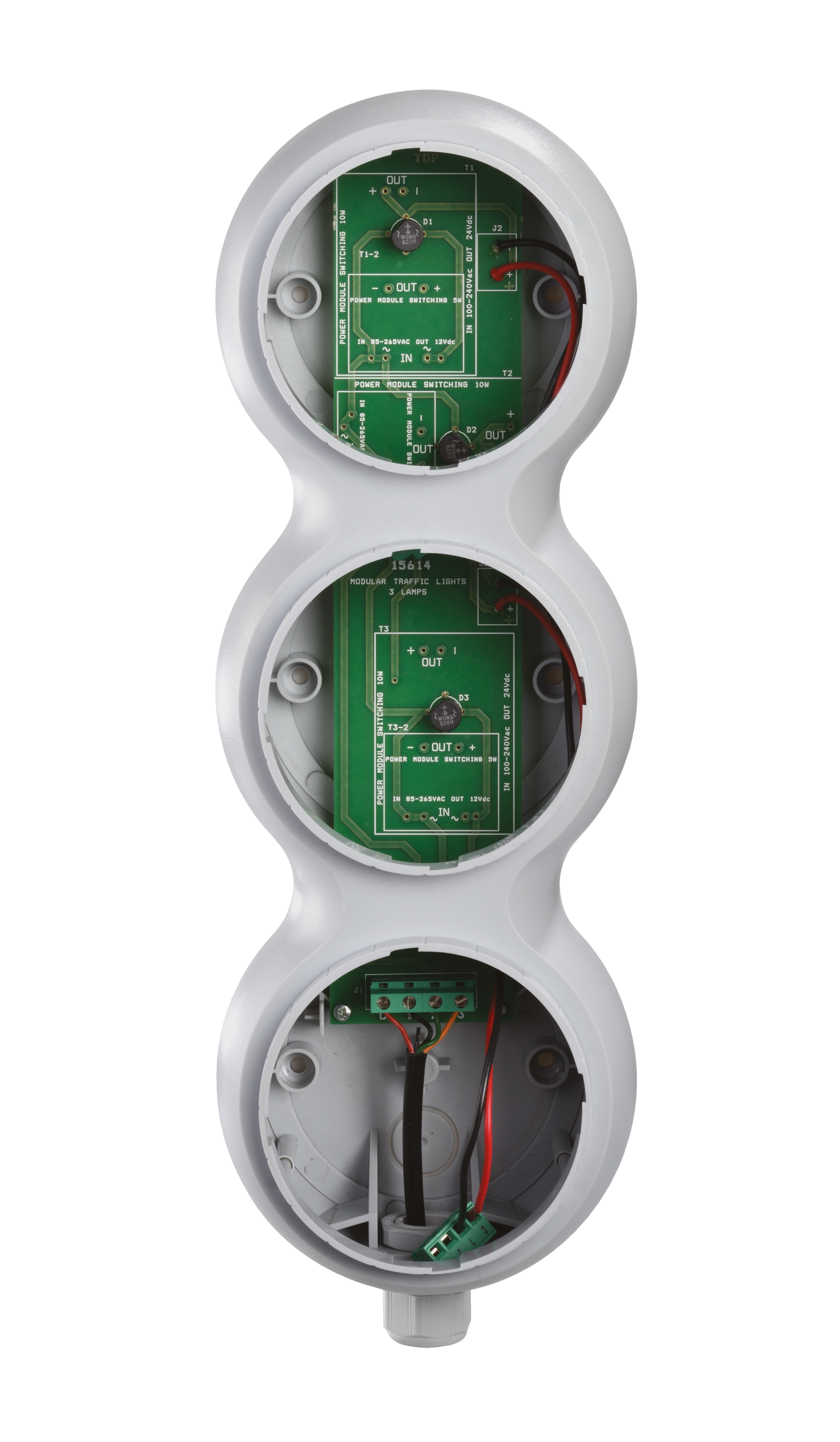 Basis-Ampelmodul mit offenem Gehäuse, drei runden Fächern mit Platinen, Klemmen und Leitungsanschlüssen