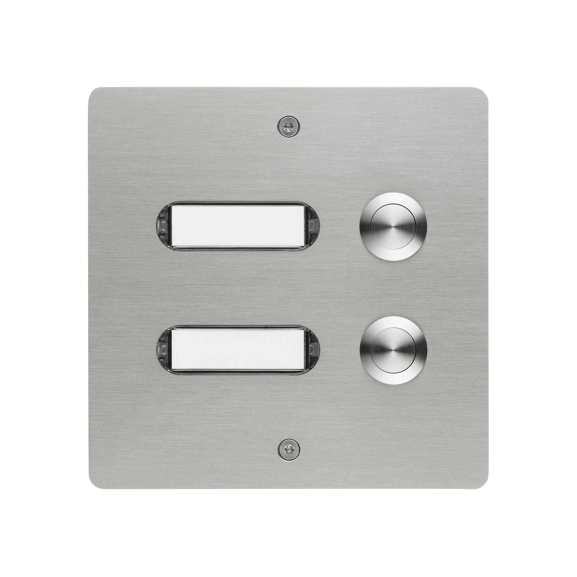 Edelstahlplatte mit zwei Namensschildern links und zwei runden Tastern rechts, symmetrisch angeordnet.