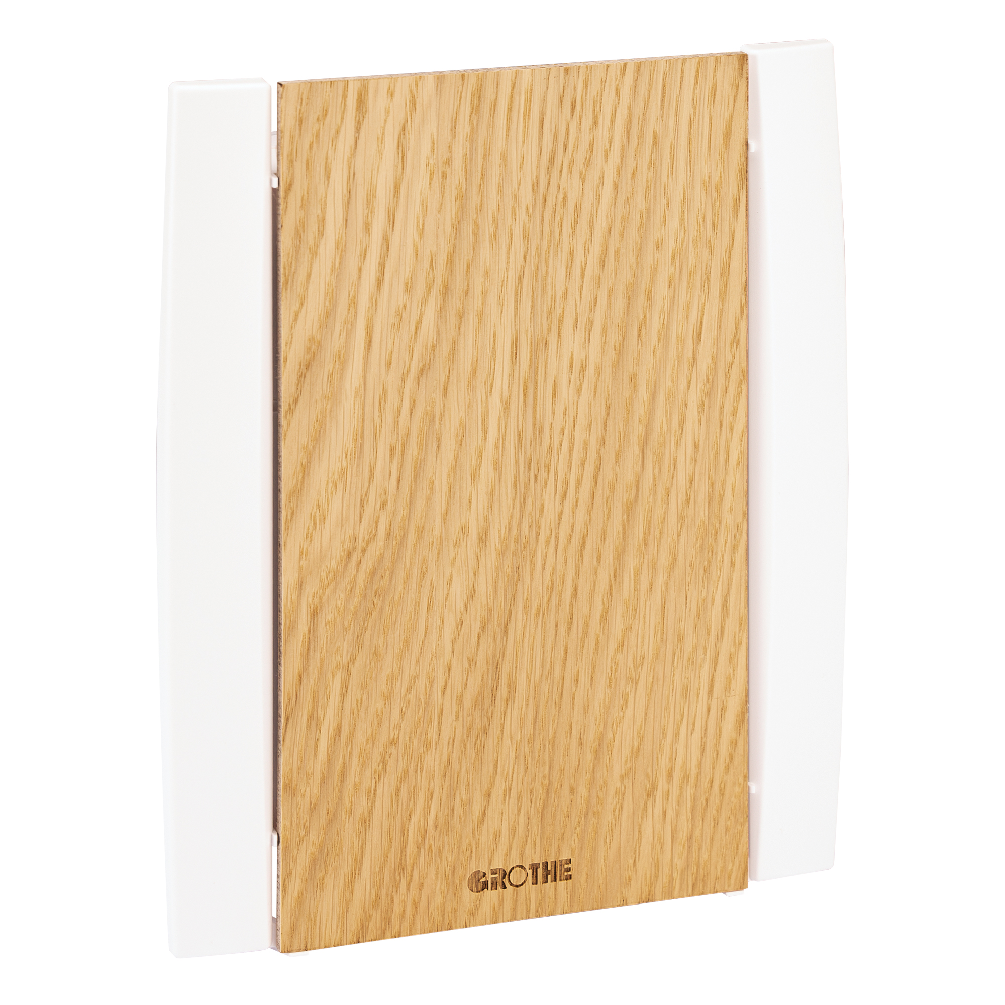 Elektronischer Gong mit glatter Echtholzfurnier-Front in Eichenoptik, seitlichen weißen Elementen und Grothe-Logo.