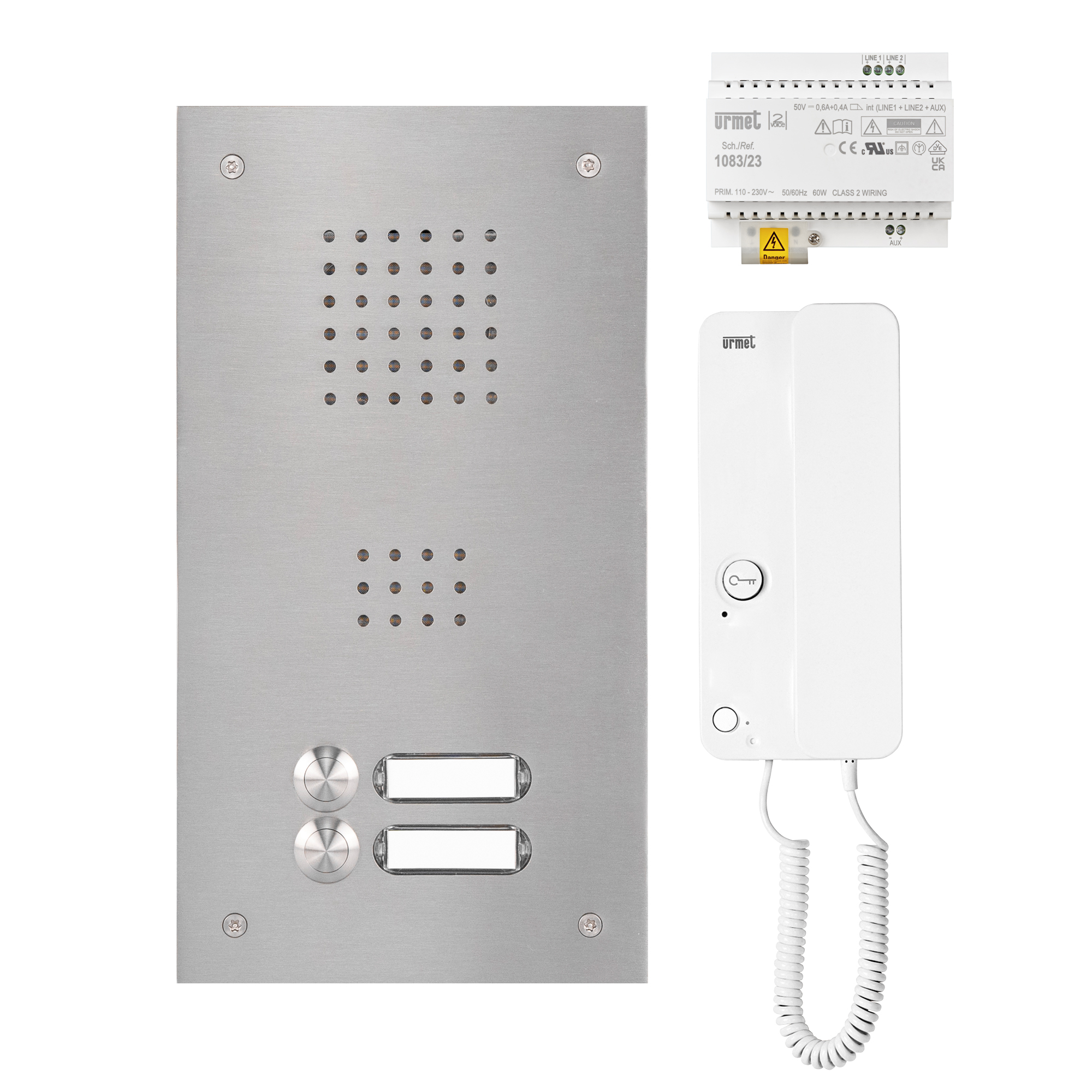 Rechteckige Audio-Türstation aus Edelstahl mit zwei Klingelknöpfen und Namensschildern sowie Lautsprecher-Löchern; daneben sind das weiße Haustelefon mit Handhörer sowie ein Netzgerät abgebildet