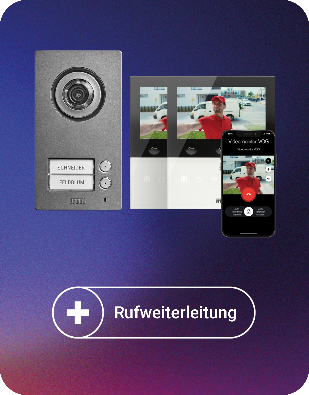 Video-Sprechanlagen-Set Comfort Plus Zweifamilienhaus mit MIKRA Türstation, zwei VOG 5W Videomonitoren und einem Smartphone-Display, welches, genau wie der Videomonitor das Videobild  mit einem Essenslieferanten vor der Tür zeigt; darunter steht "+ Rufwei