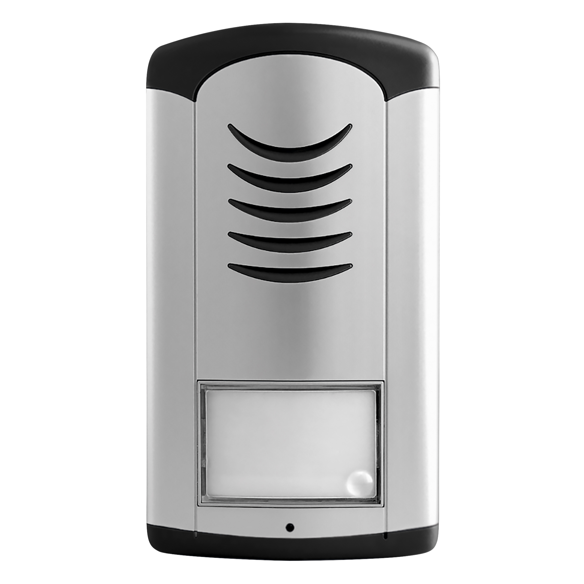 Silberne Türstation ohne Kamera, schwarze Lautsprecheröffnungen, Namensschild mit Klingeltaste unten, schwarzer Rahmen oben.