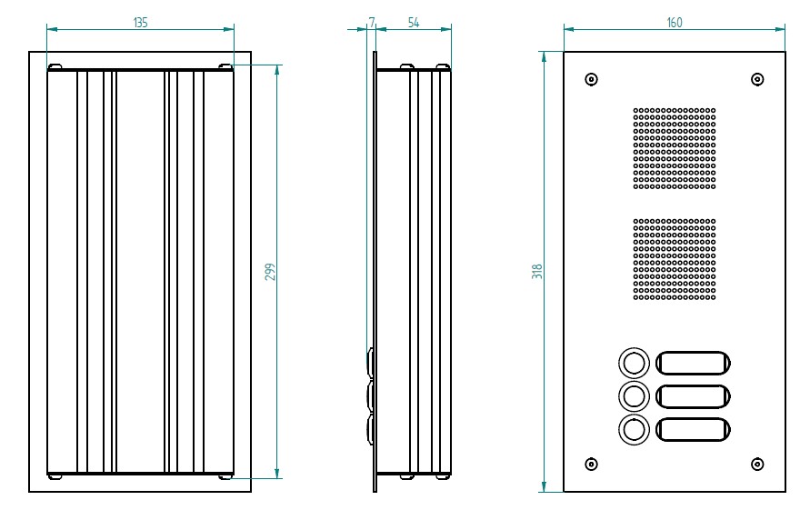 ROBUSTA Aluminium-Türstation mit drei Namensschildern und Klingelknöpfen in einer Reihe; darüber ist das Lautsprechergitter zu sehen