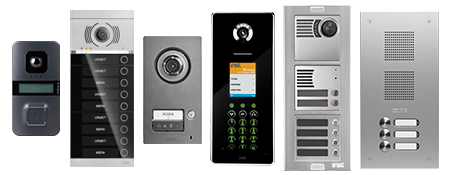 Die Türstationen vidoora, ALPHA, MIKRA, ELEKTA und ROBUSTA nebeneinander