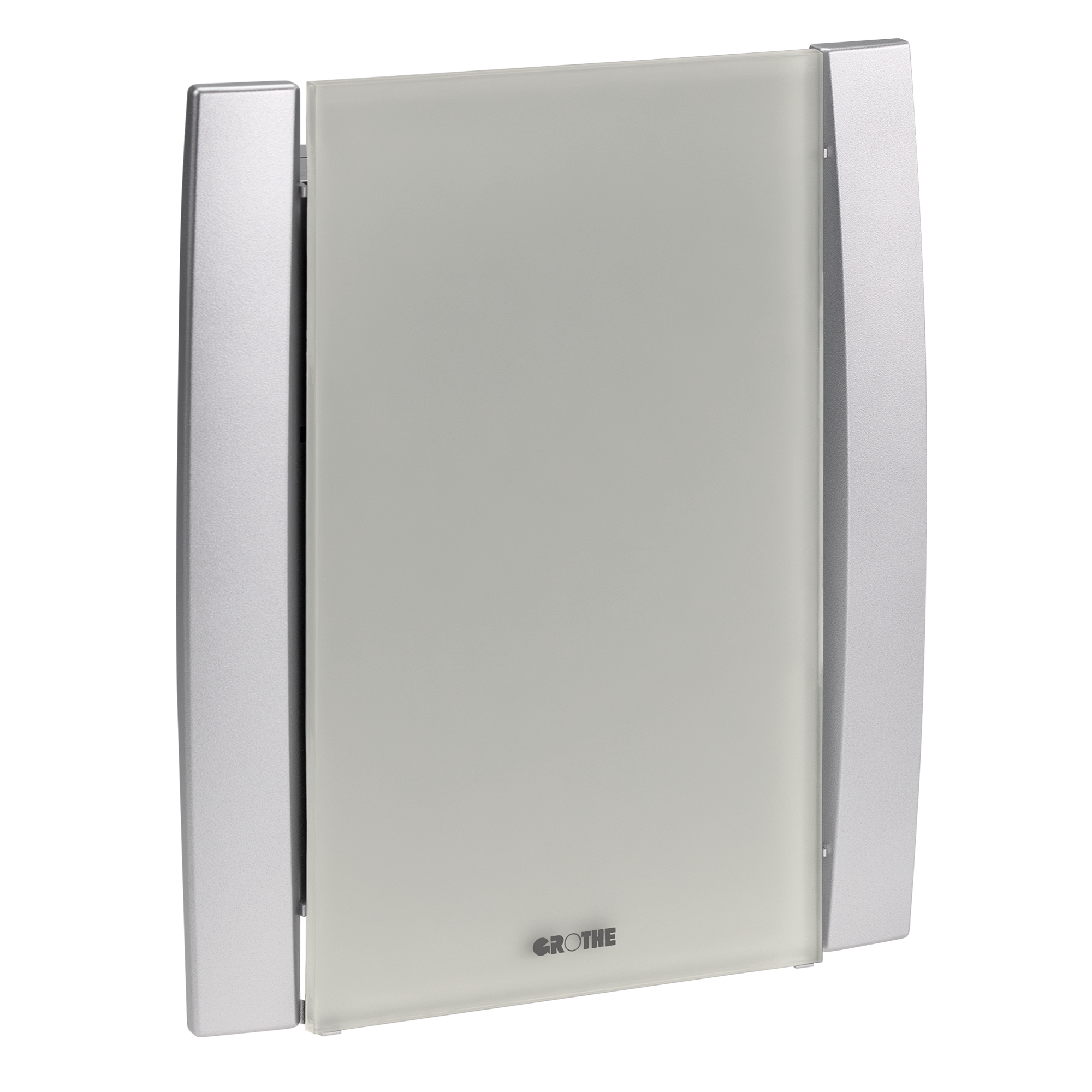 Elektronik-Gong mit satinierter grauer Acrylfront und silberfarbenen Seiten, leicht schräge Frontalansicht.