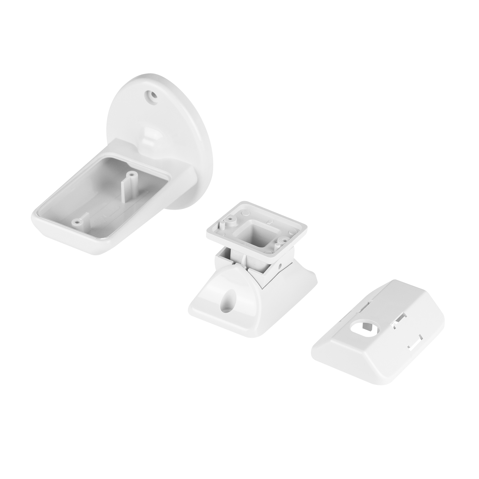 Weißer Gelenkhalter in drei Einzelteilen, mit verstellbarem Neigungswinkel.